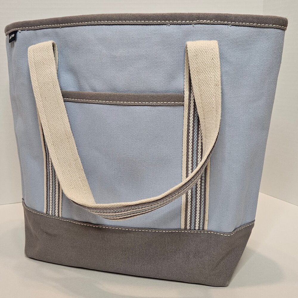 Lands' End Medium Zip Top Canvas Tote in pale blue & gray with striped straps
